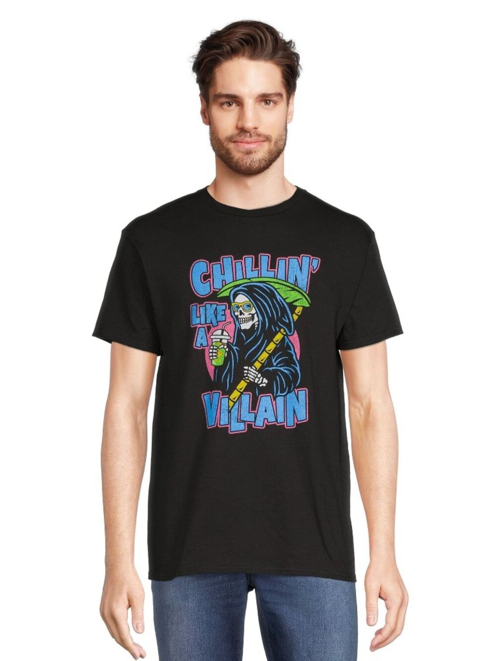 Chillin Like A Villain Mens Graphic Black T-Shirt Funny Grim Reaper Size XL